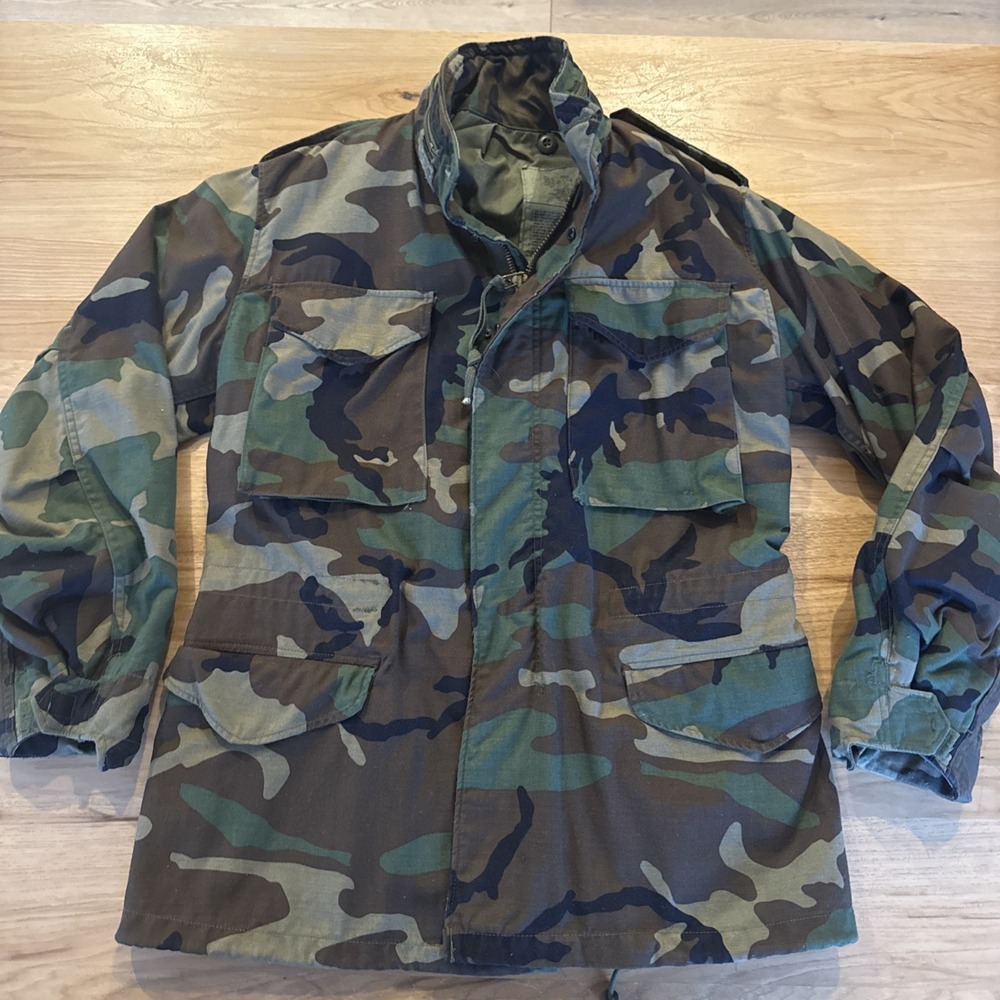 VTG 90s US Military Cold Weather Coat Field Jacket Small Reg Woodland Camo Warm